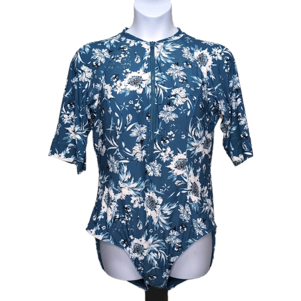 Artesands Sunsafe One Piece Swimsuit‎ Plus Size 20 Blue Floral Elbow Sleeves UPF